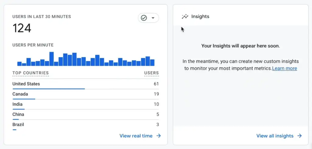 Users in the last 30 minutes and insights cards