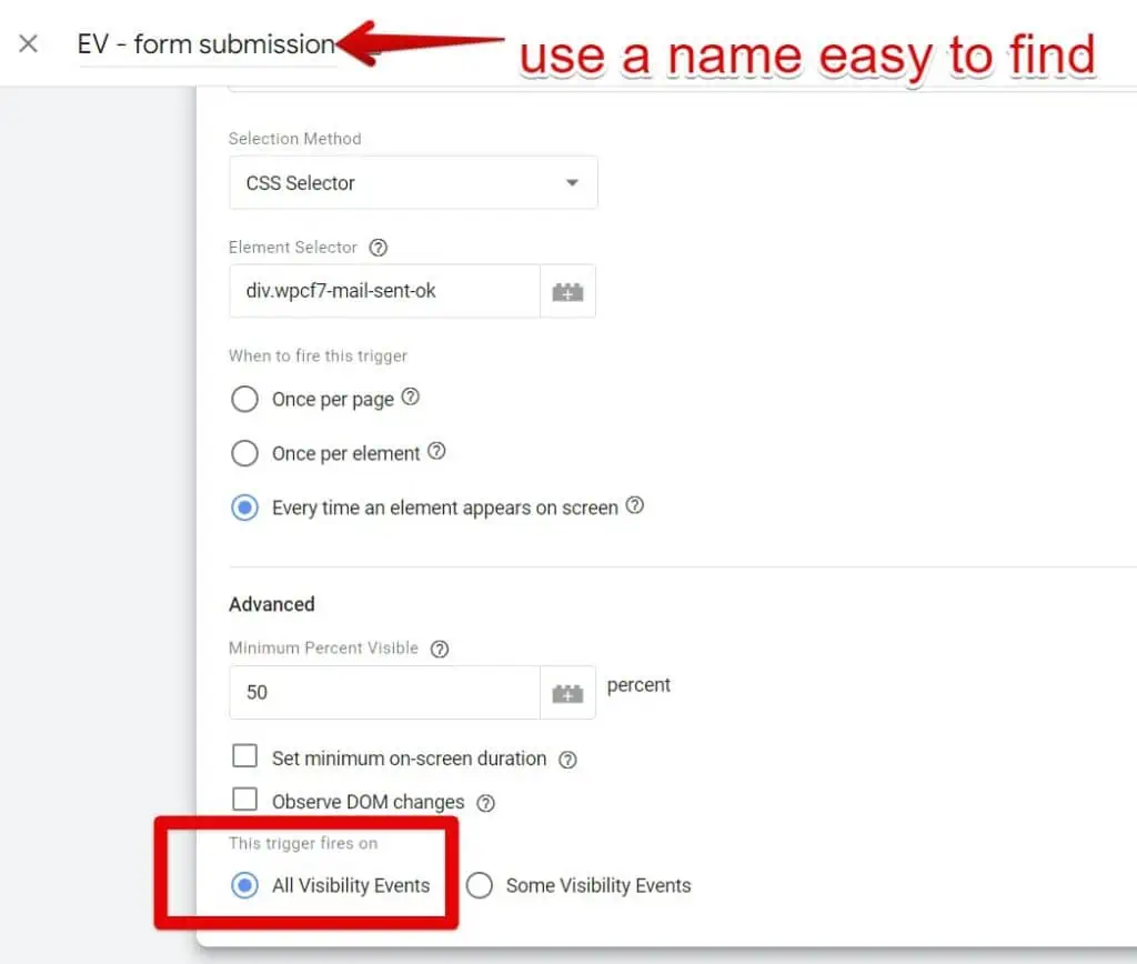 All elements and trigger name