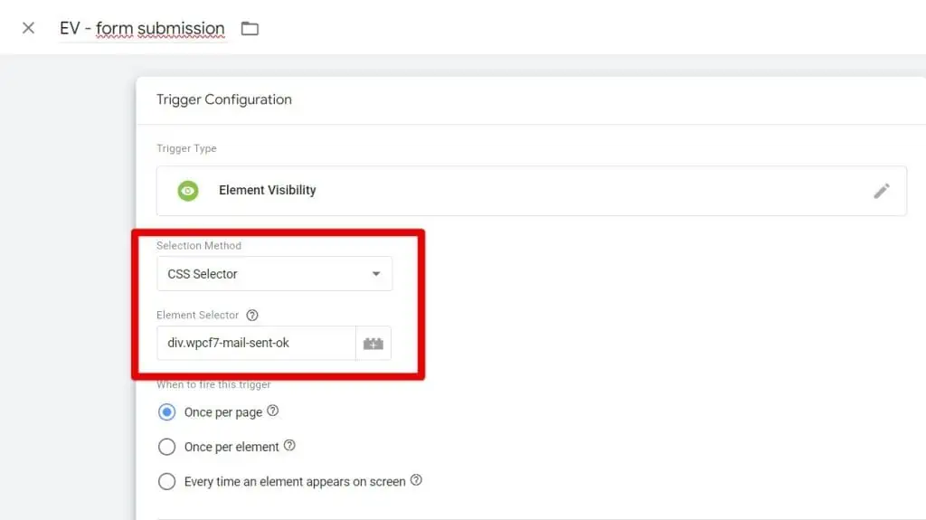 Element visibility trigger configuration with CSS class