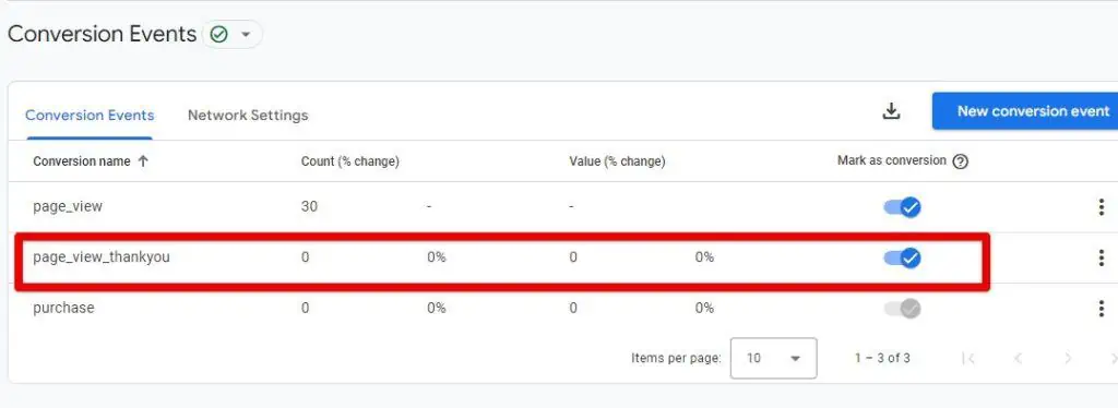 Event marked as conversion in conversion events