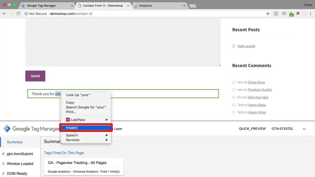 Inspecting form success message in Chrome developer tools