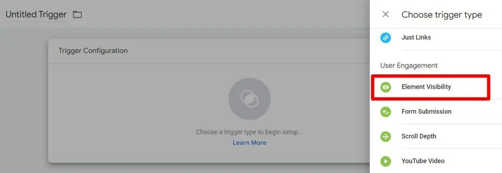 Selecting element visibility trigger type