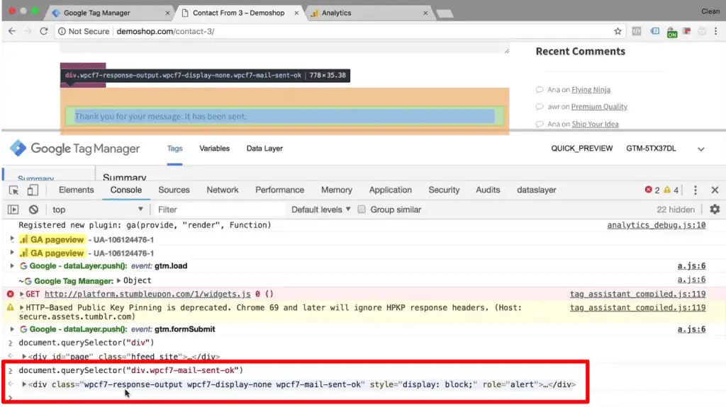 Success element selected in the JavaScript console