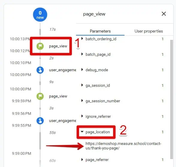 Thank you page URL in DebugView