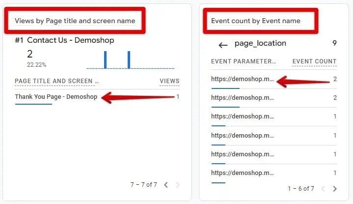 Thank you page data in GA4 realtime report