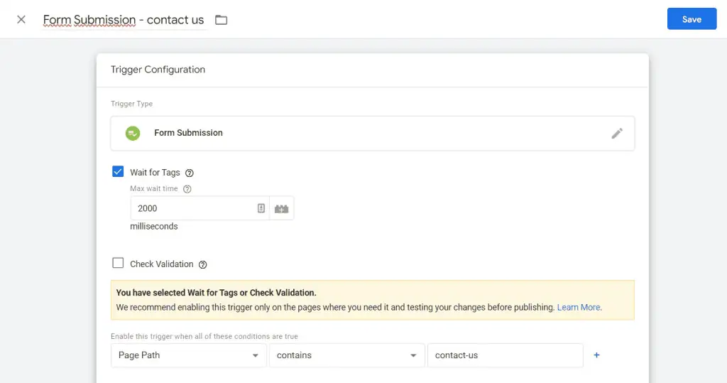 Wait for tag in the trigger configuration