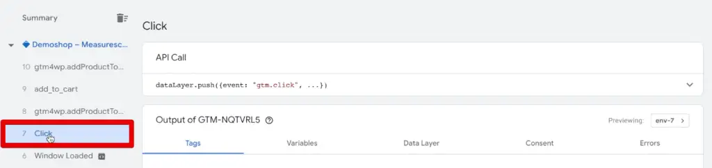 A click event in the Tag Assistant