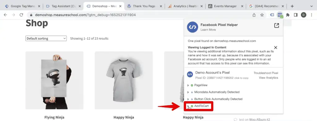 Add to Cart event detected by the Meta Pixel Helper