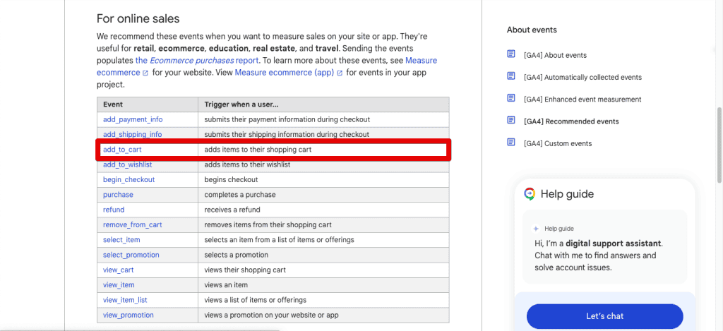 Add_to_cart event in the list of GA4 recommended events