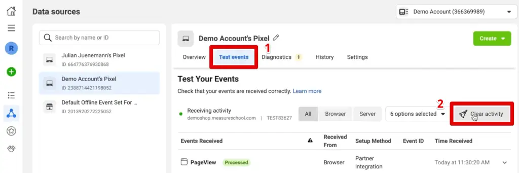 Clearing activities in the test events tab of the events manager
