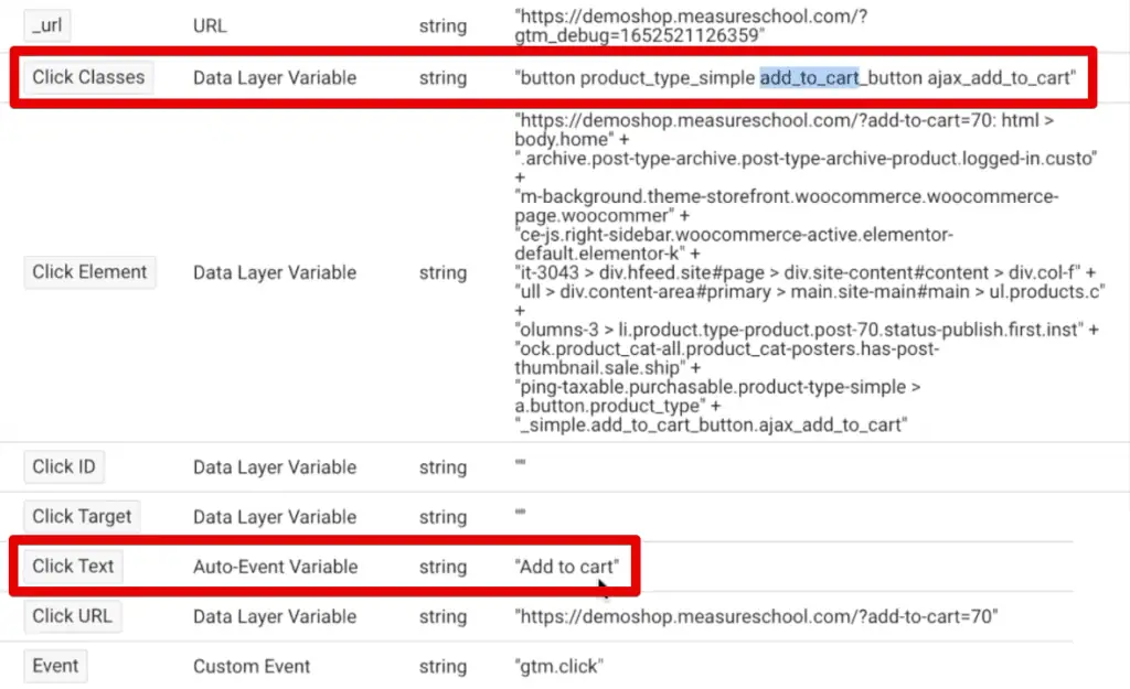 Click Classes and Click Text variables for the add-to-cart button