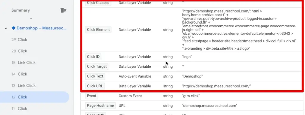 Click variables, variable types, return types, and equivalent values