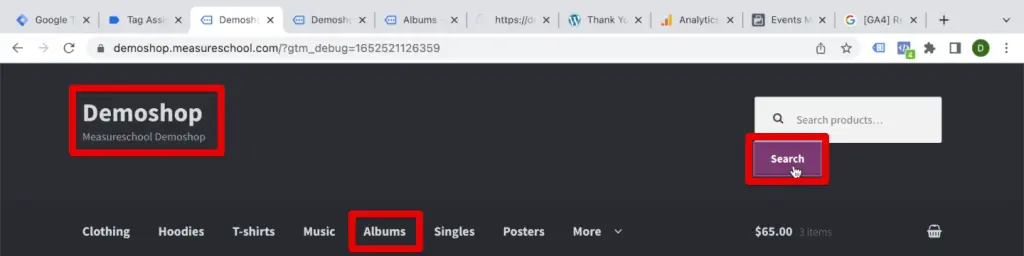 Clicking different elements in the demo shop