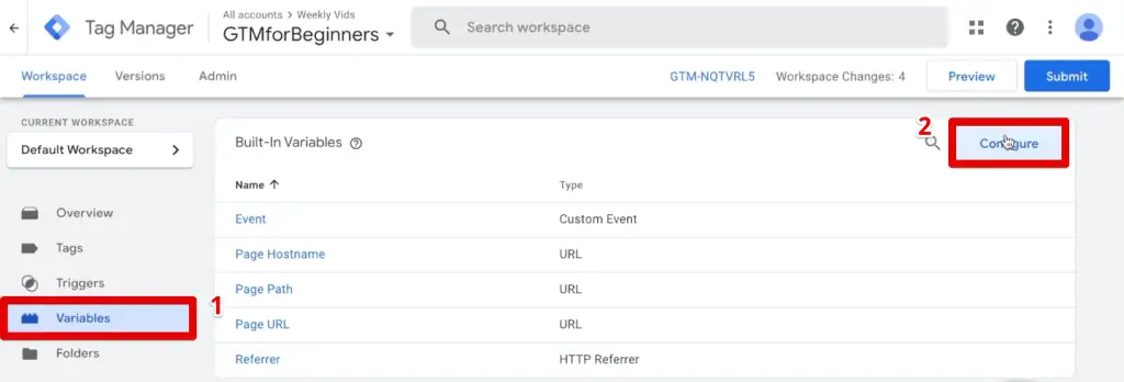 Configuring the built-in variables of the GTM container