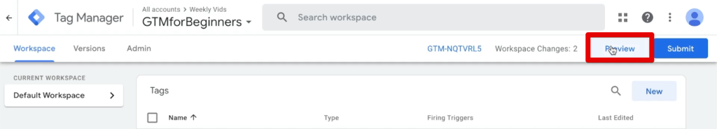 Entering the GTM preview mode