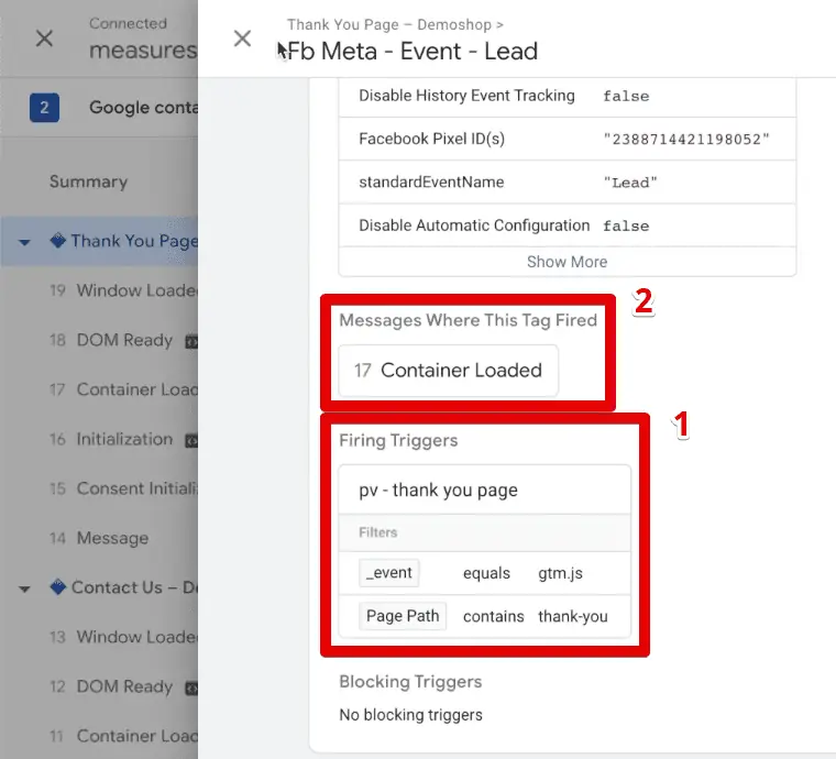 Firing triggers and events associated with the Meta Pixel lead event tag