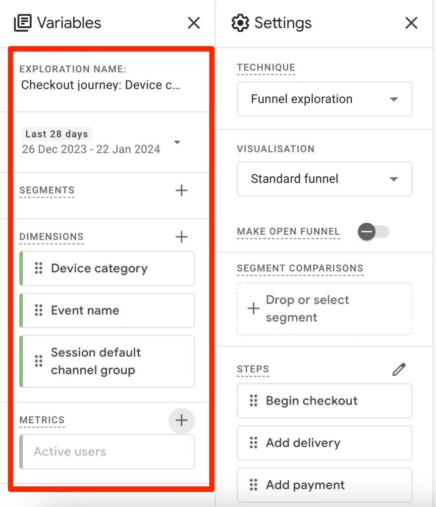 Funnel exploration variables