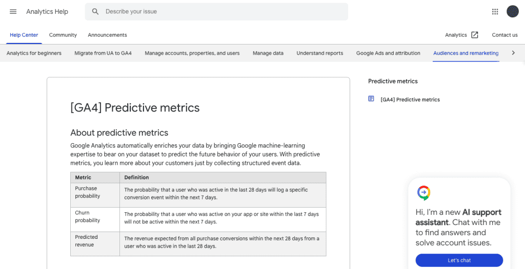 GA4 predictive metrics