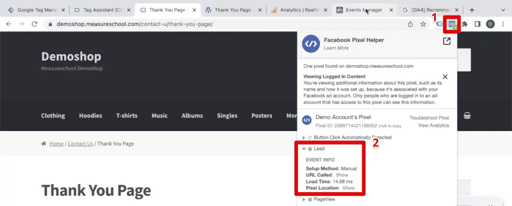 Meta Pixel Helper Chrome extension detecting the lead event