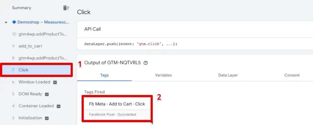 Meta Pixel add-to-cart event tag firing in the Tag Assistant