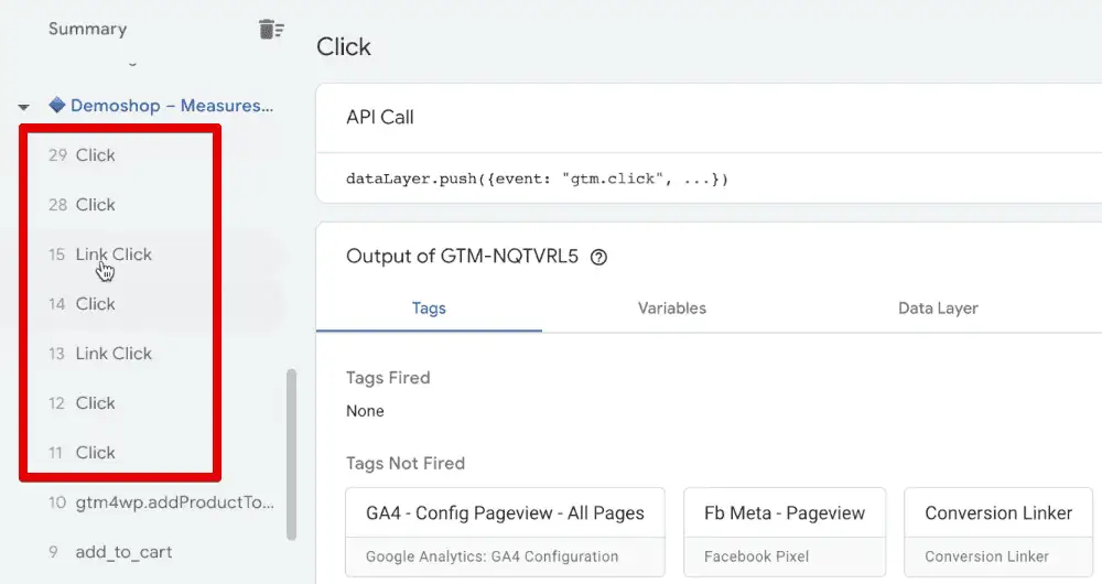Multiple click events in the Tag Assistant