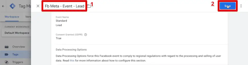Naming and saving the Meta Pixel lead event tag