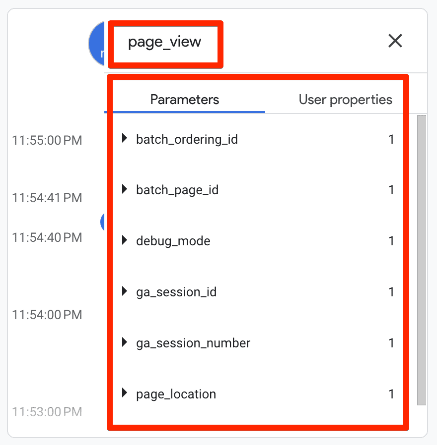 Parameters and user properties in GA4’s debug view