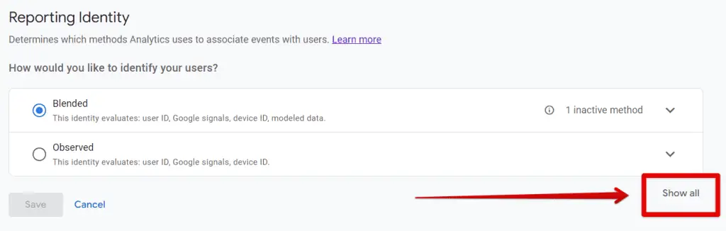 Reporting identity shows all toggle