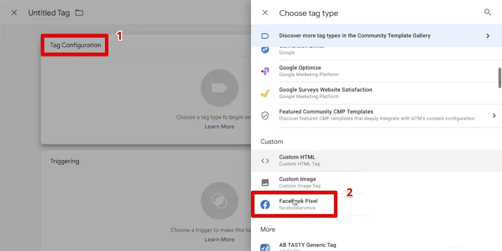 Selecting the Facebook Pixel tag template