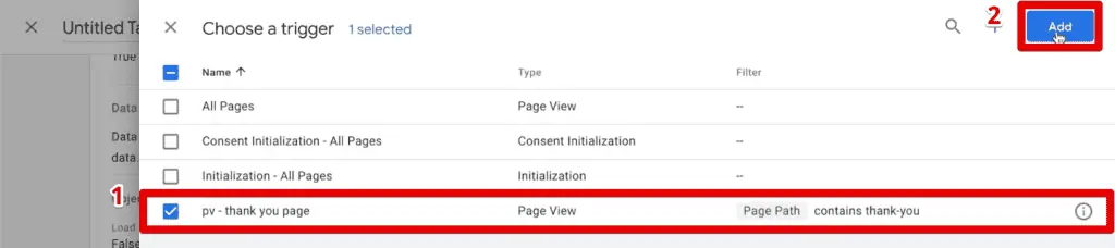 Selecting the thank you page trigger