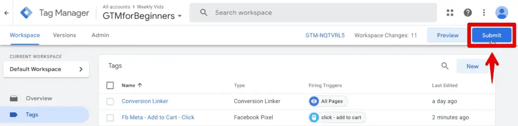Submitting a version of the GTM container