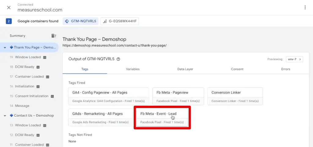 Successful firing of the Meta Pixel lead event tag