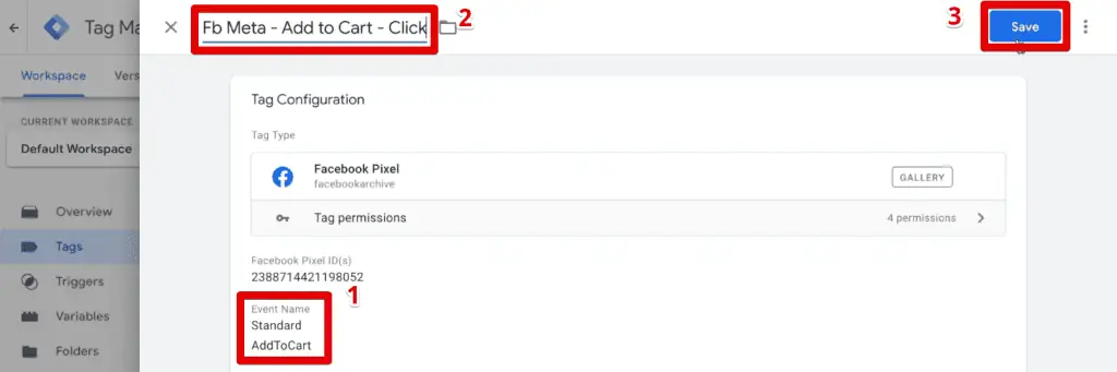 Tag configuration of the Meta Pixel add-to-cart event tag