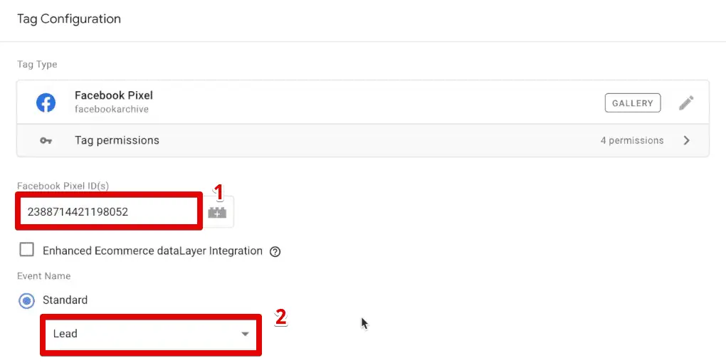 Tag configuration of the Meta Pixel lead event tag