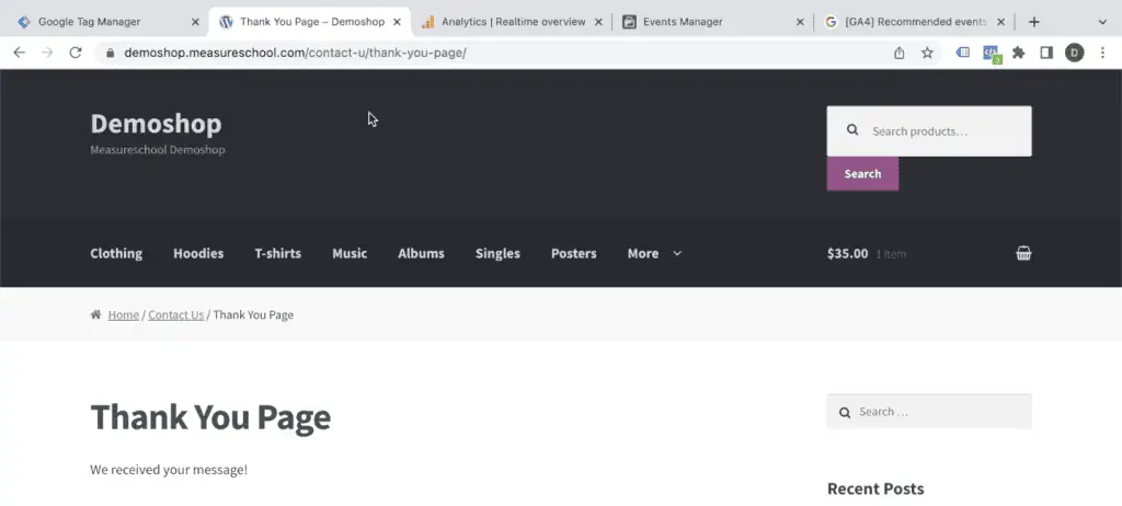 Thank you page after a form submission