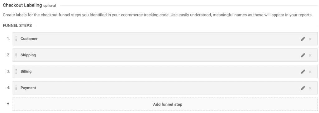 UA funnel steps in view settings