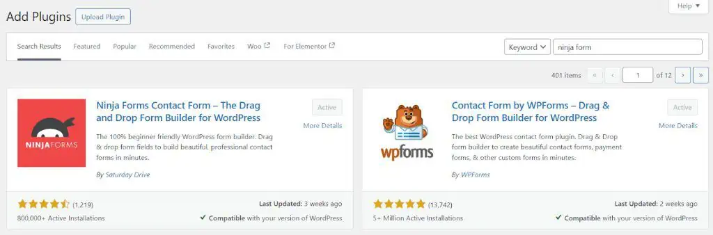 Activating the Ninja Forms plugin