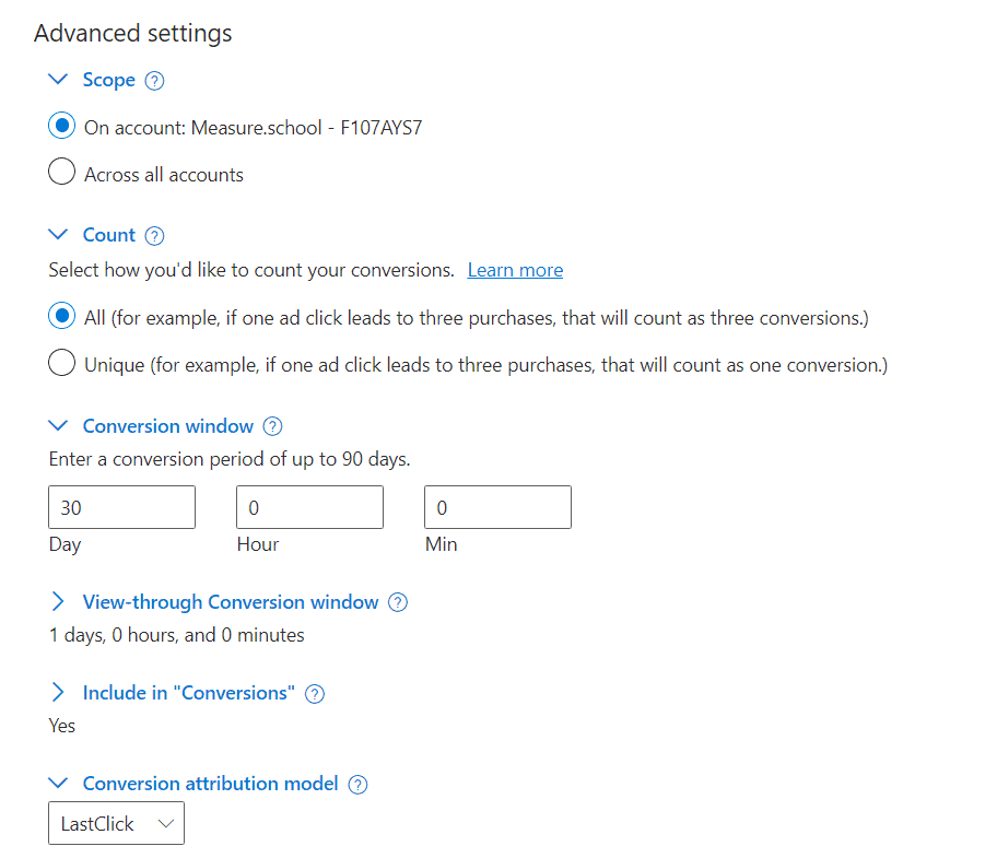 Advanced settings for Microsoft Ads conversions