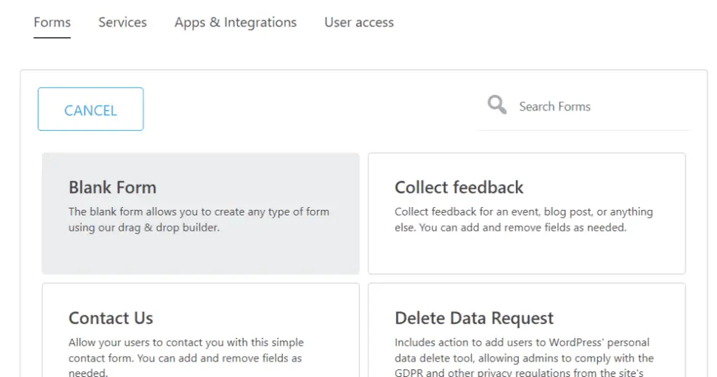 Choosing a Ninja form template