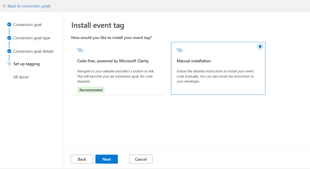Choosing the manual event tag installation