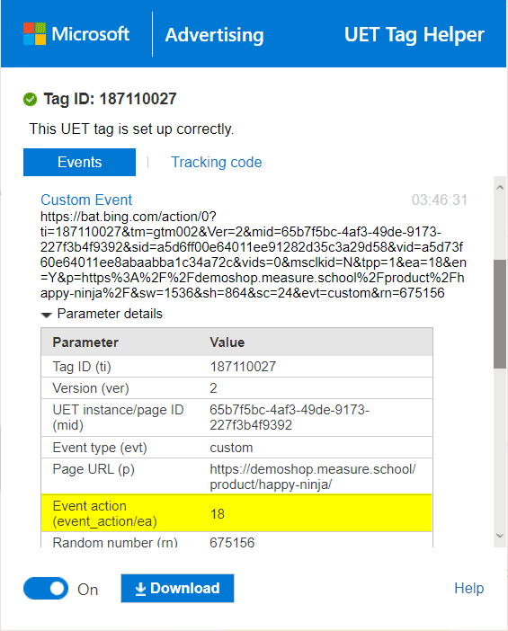 Custom event action value in UET helper extension