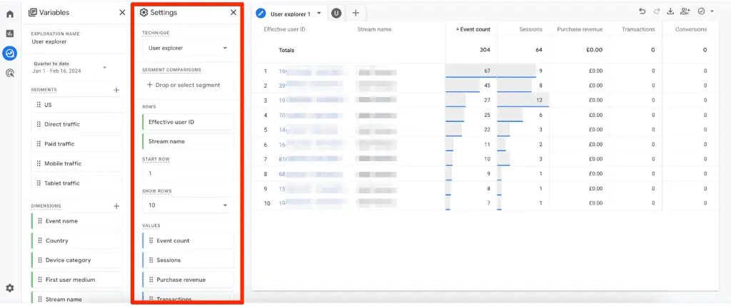 Customization in the Settings column in the User Explorer report