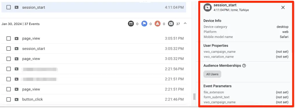 Event details in GA4 User Explorer