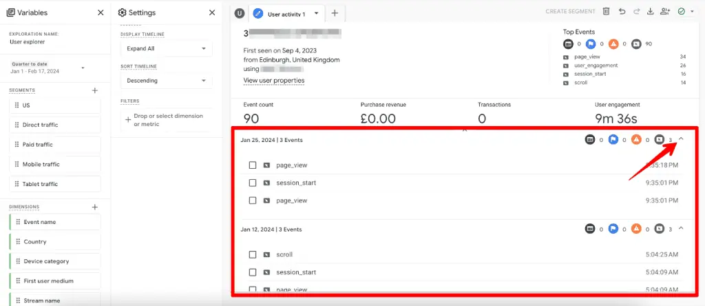 Events timeline in user activity view