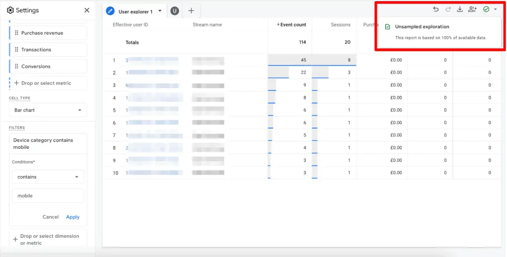 Exploration sampling and more settings in GA4