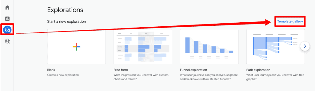 Explorations and template gallery in GA4