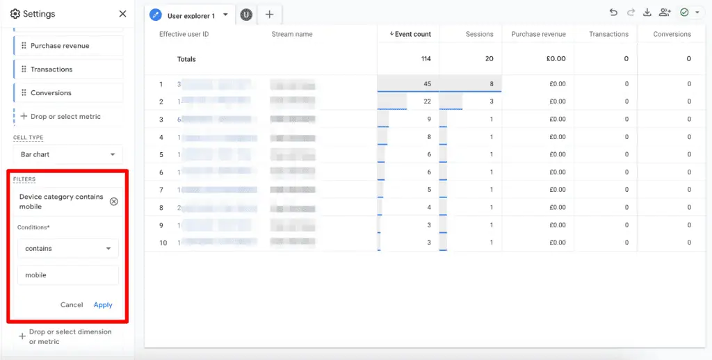 Filters in GA4 User Explorer