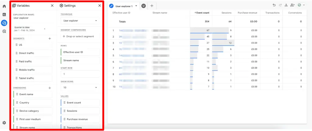 GA4 variables and settings for User Explorer