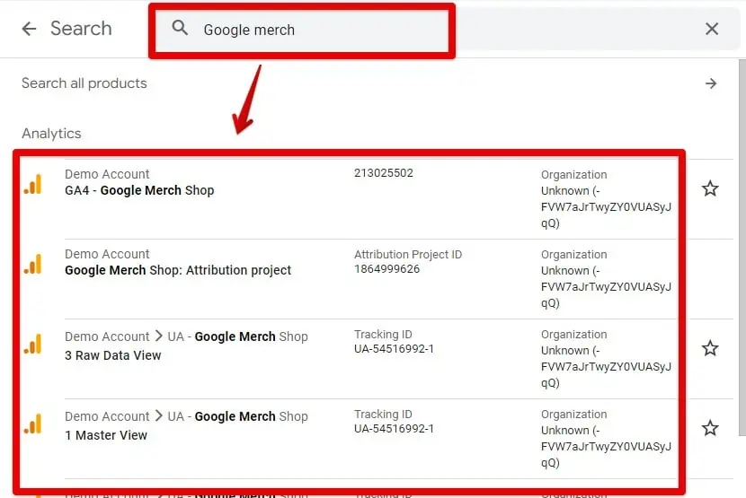 Google property selector search bar results