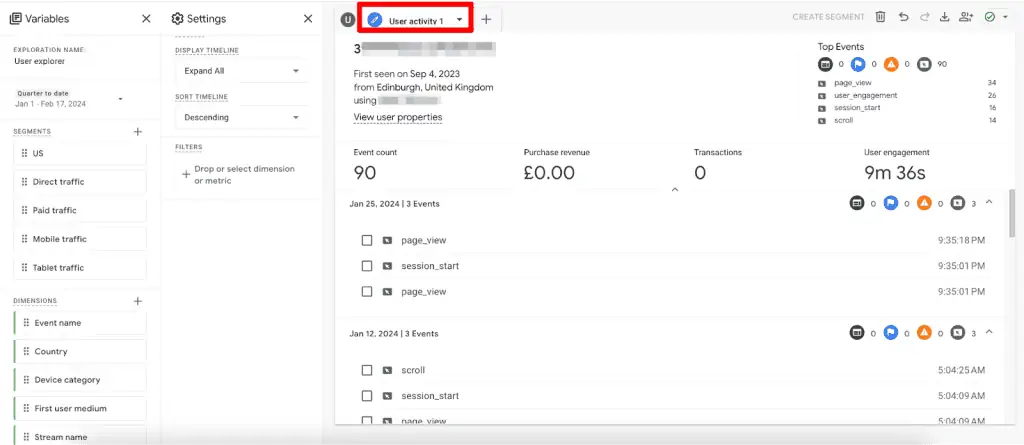 Individual user activity report in GA4